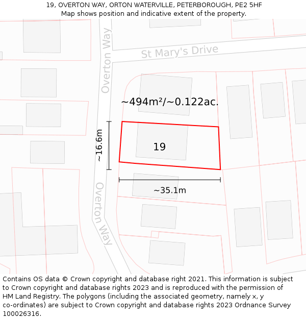 19, OVERTON WAY, ORTON WATERVILLE, PETERBOROUGH, PE2 5HF: Plot and title map