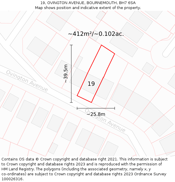 19, OVINGTON AVENUE, BOURNEMOUTH, BH7 6SA: Plot and title map