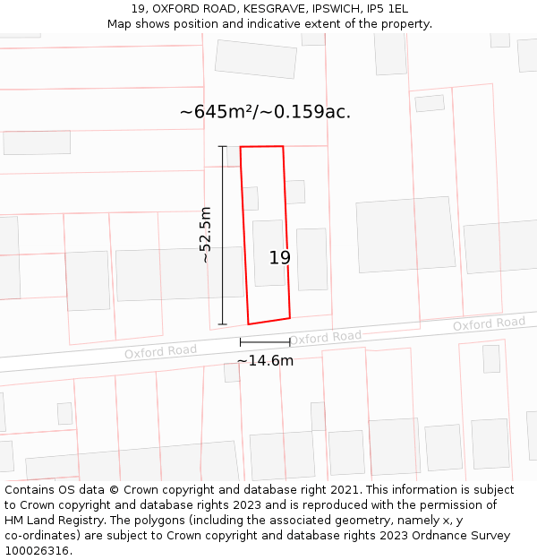 19, OXFORD ROAD, KESGRAVE, IPSWICH, IP5 1EL: Plot and title map