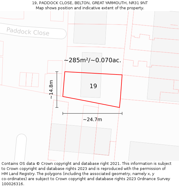 19, PADDOCK CLOSE, BELTON, GREAT YARMOUTH, NR31 9NT: Plot and title map