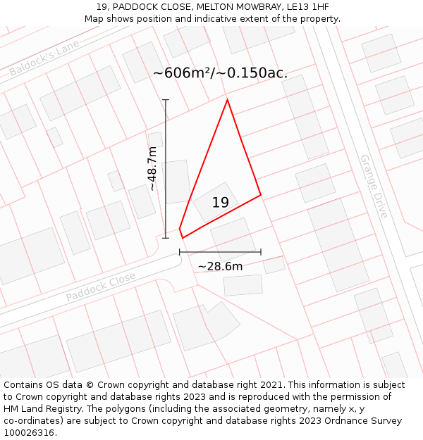 19, PADDOCK CLOSE, MELTON MOWBRAY, LE13 1HF: Plot and title map