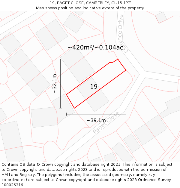 19, PAGET CLOSE, CAMBERLEY, GU15 1PZ: Plot and title map
