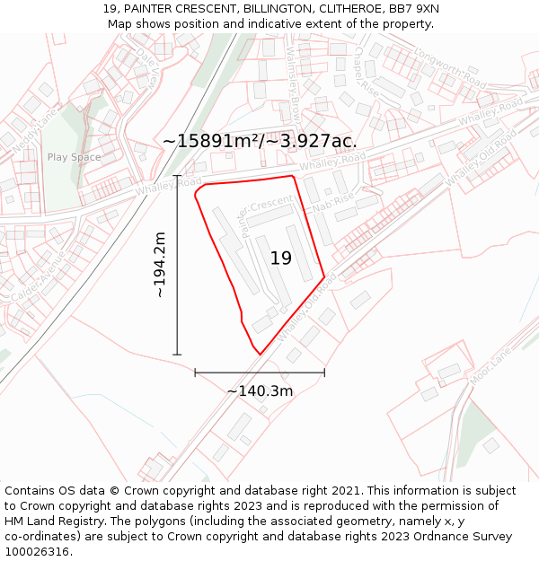 19, PAINTER CRESCENT, BILLINGTON, CLITHEROE, BB7 9XN: Plot and title map