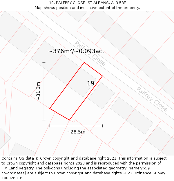 19, PALFREY CLOSE, ST ALBANS, AL3 5RE: Plot and title map