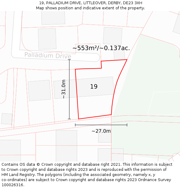 19, PALLADIUM DRIVE, LITTLEOVER, DERBY, DE23 3XH: Plot and title map