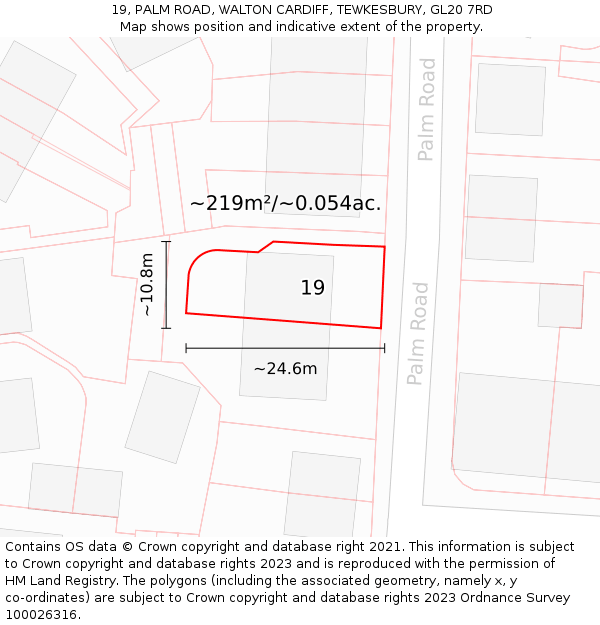 19, PALM ROAD, WALTON CARDIFF, TEWKESBURY, GL20 7RD: Plot and title map