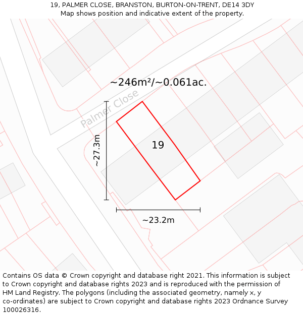 19, PALMER CLOSE, BRANSTON, BURTON-ON-TRENT, DE14 3DY: Plot and title map