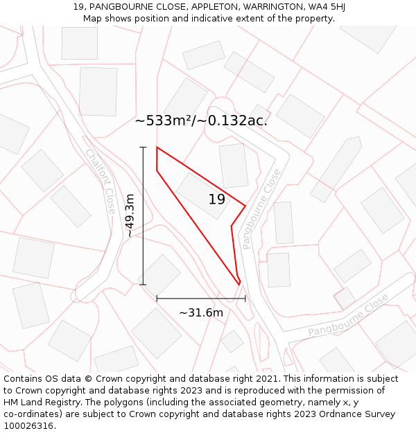 19, PANGBOURNE CLOSE, APPLETON, WARRINGTON, WA4 5HJ: Plot and title map