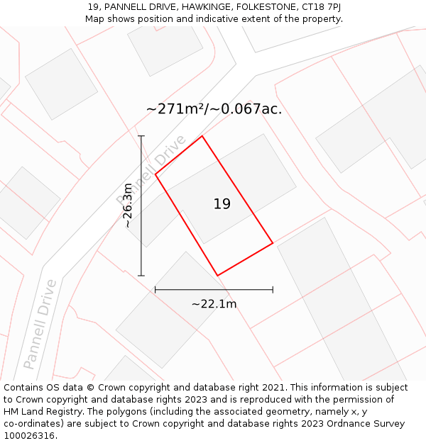 19, PANNELL DRIVE, HAWKINGE, FOLKESTONE, CT18 7PJ: Plot and title map