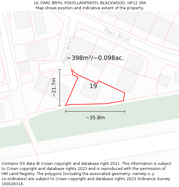 19, PARC BRYN, PONTLLANFRAITH, BLACKWOOD, NP12 2RA: Plot and title map