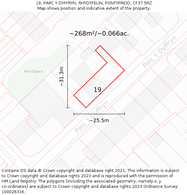 19, PARC Y DYFFRYN, RHYDYFELIN, PONTYPRIDD, CF37 5RZ: Plot and title map
