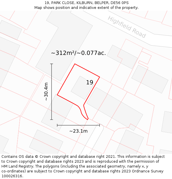 19, PARK CLOSE, KILBURN, BELPER, DE56 0PS: Plot and title map