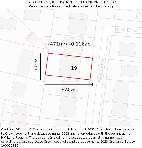19, PARK DRIVE, RUSTINGTON, LITTLEHAMPTON, BN16 3DZ: Plot and title map