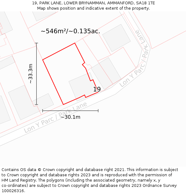 19, PARK LANE, LOWER BRYNAMMAN, AMMANFORD, SA18 1TE: Plot and title map