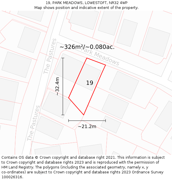 19, PARK MEADOWS, LOWESTOFT, NR32 4WP: Plot and title map