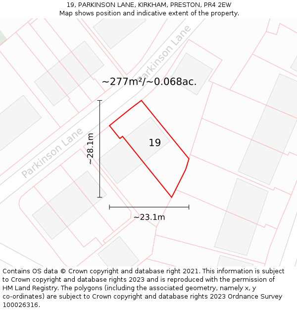 19, PARKINSON LANE, KIRKHAM, PRESTON, PR4 2EW: Plot and title map