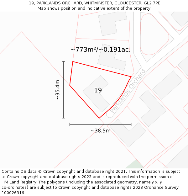 19, PARKLANDS ORCHARD, WHITMINSTER, GLOUCESTER, GL2 7PE: Plot and title map