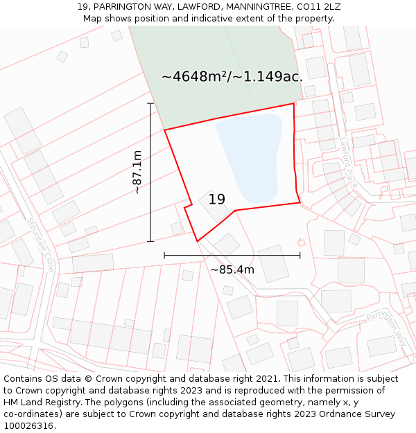 19, PARRINGTON WAY, LAWFORD, MANNINGTREE, CO11 2LZ: Plot and title map