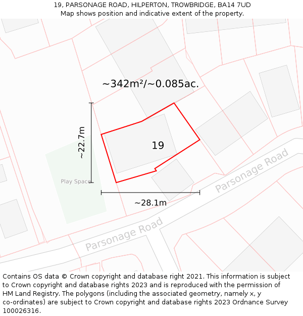 19, PARSONAGE ROAD, HILPERTON, TROWBRIDGE, BA14 7UD: Plot and title map