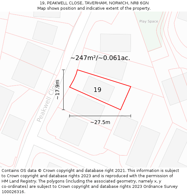 19, PEAKWELL CLOSE, TAVERHAM, NORWICH, NR8 6GN: Plot and title map