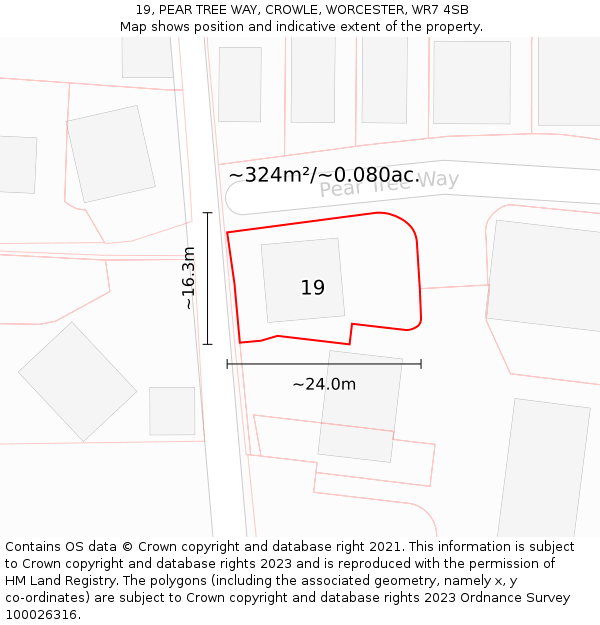 19, PEAR TREE WAY, CROWLE, WORCESTER, WR7 4SB: Plot and title map