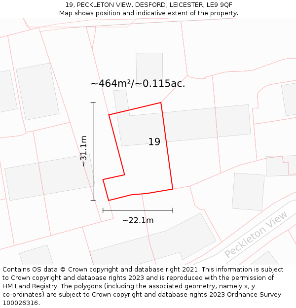 19, PECKLETON VIEW, DESFORD, LEICESTER, LE9 9QF: Plot and title map