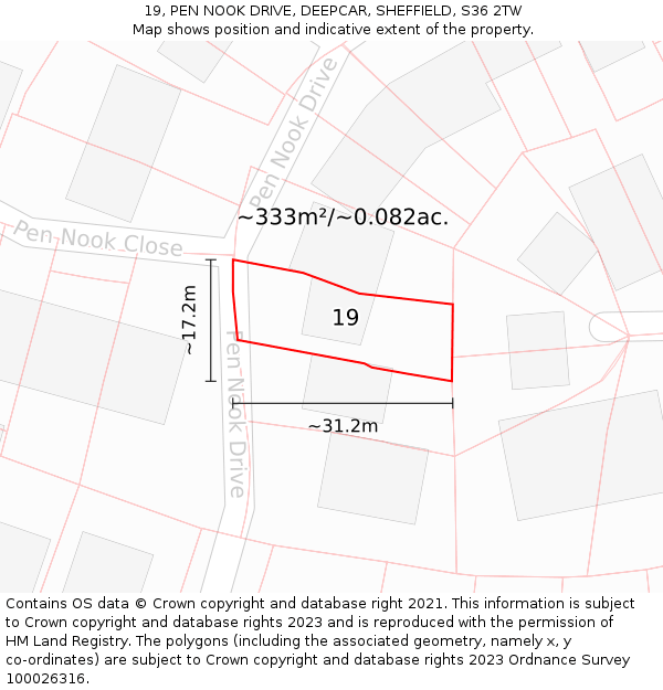 19, PEN NOOK DRIVE, DEEPCAR, SHEFFIELD, S36 2TW: Plot and title map