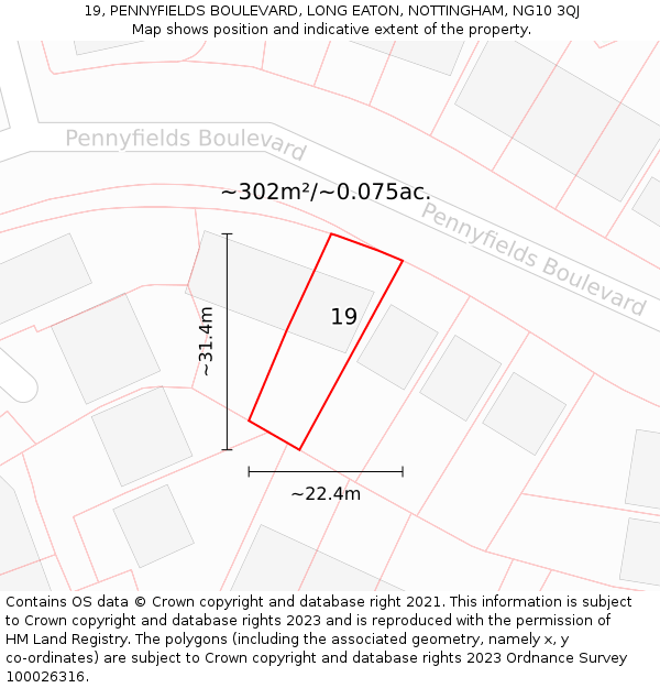 19, PENNYFIELDS BOULEVARD, LONG EATON, NOTTINGHAM, NG10 3QJ: Plot and title map