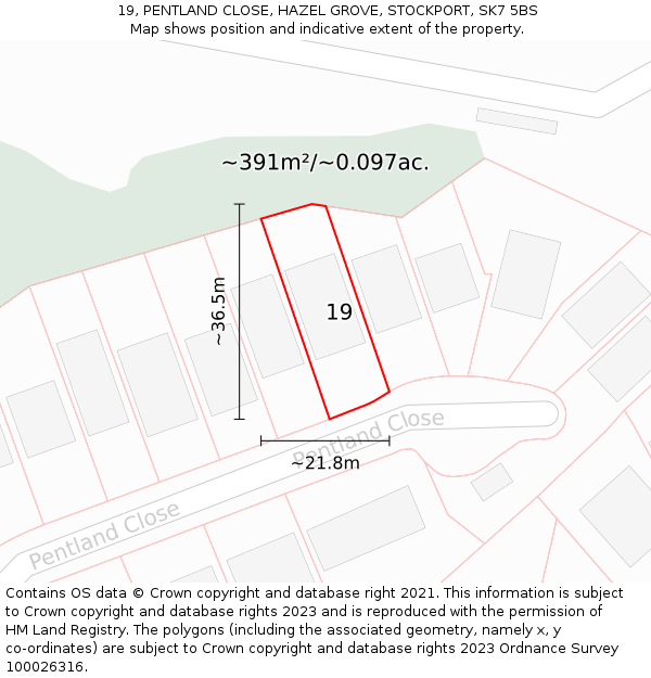19, PENTLAND CLOSE, HAZEL GROVE, STOCKPORT, SK7 5BS: Plot and title map