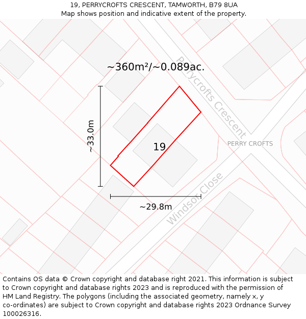 19, PERRYCROFTS CRESCENT, TAMWORTH, B79 8UA: Plot and title map