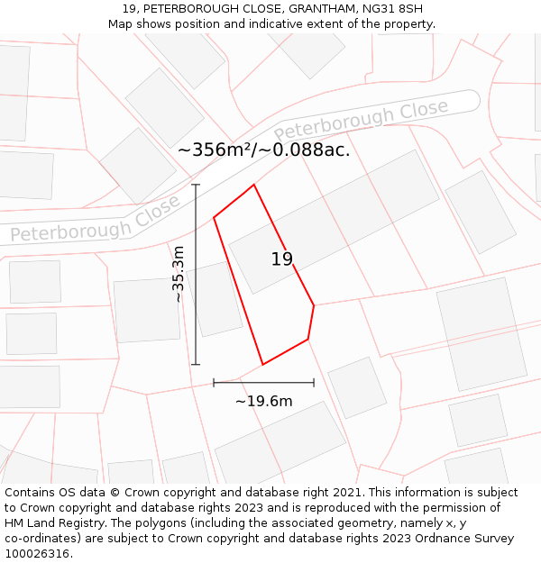 19, PETERBOROUGH CLOSE, GRANTHAM, NG31 8SH: Plot and title map