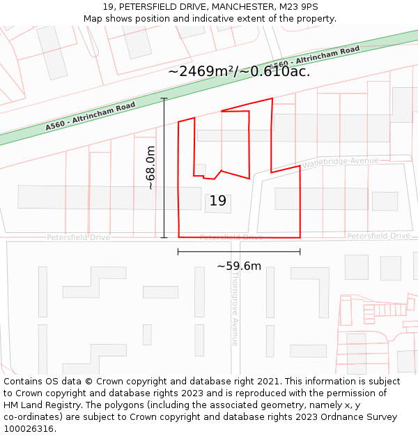 19, PETERSFIELD DRIVE, MANCHESTER, M23 9PS: Plot and title map