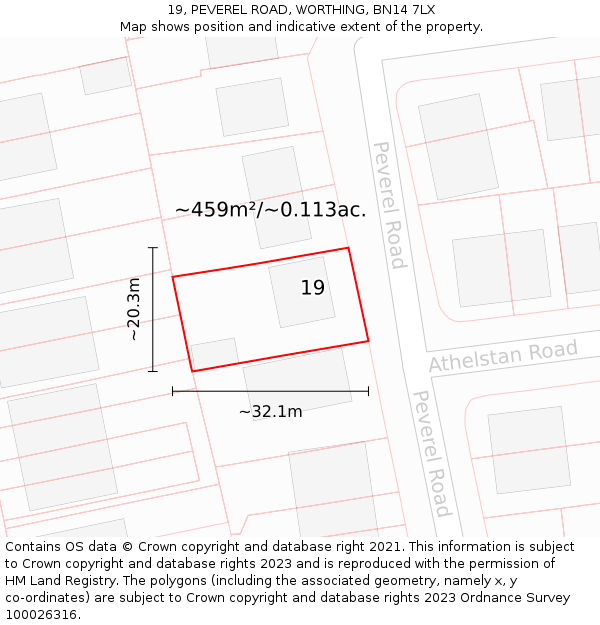 19, PEVEREL ROAD, WORTHING, BN14 7LX: Plot and title map