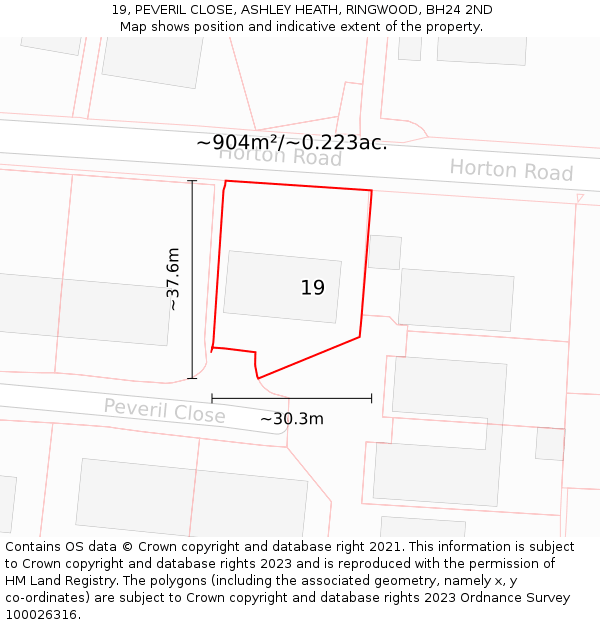 19, PEVERIL CLOSE, ASHLEY HEATH, RINGWOOD, BH24 2ND: Plot and title map