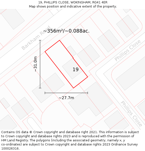 19, PHILLIPS CLOSE, WOKINGHAM, RG41 4ER: Plot and title map