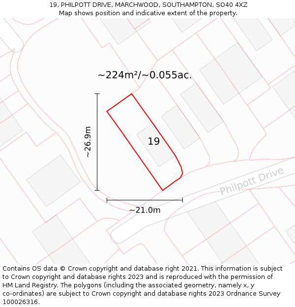 19, PHILPOTT DRIVE, MARCHWOOD, SOUTHAMPTON, SO40 4XZ: Plot and title map