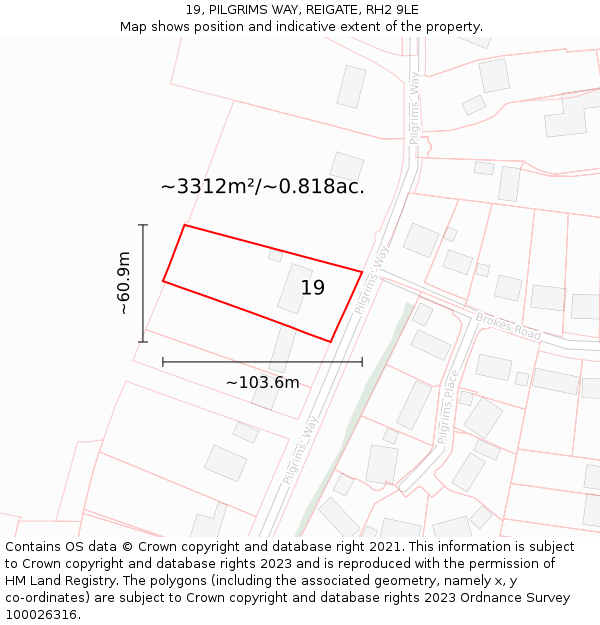 19, PILGRIMS WAY, REIGATE, RH2 9LE: Plot and title map