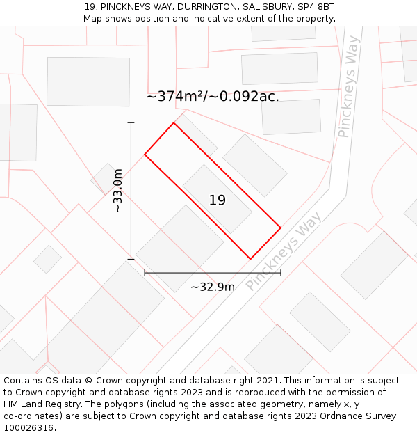 19, PINCKNEYS WAY, DURRINGTON, SALISBURY, SP4 8BT: Plot and title map