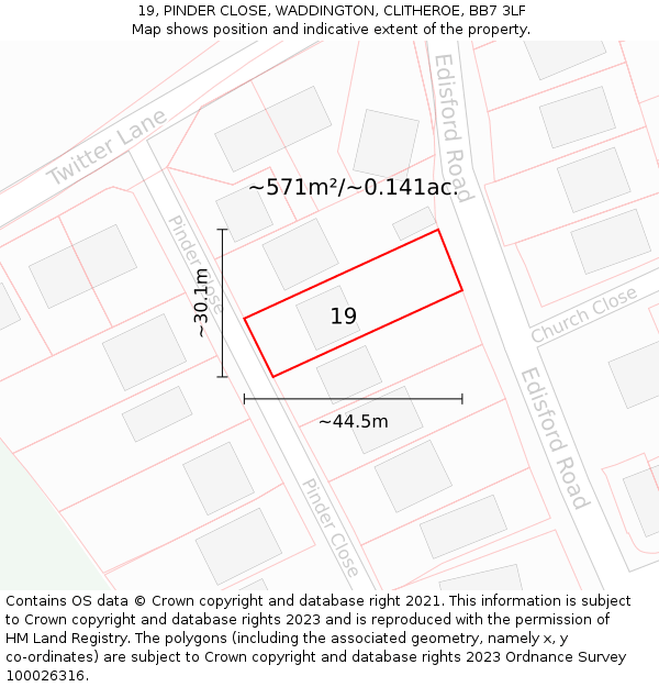 19, PINDER CLOSE, WADDINGTON, CLITHEROE, BB7 3LF: Plot and title map