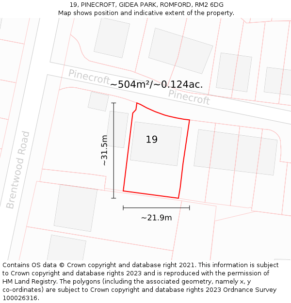 19, PINECROFT, GIDEA PARK, ROMFORD, RM2 6DG: Plot and title map