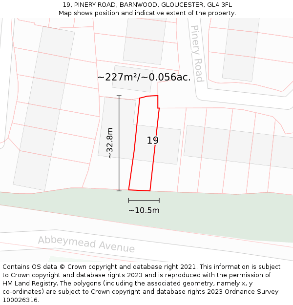 19, PINERY ROAD, BARNWOOD, GLOUCESTER, GL4 3FL: Plot and title map