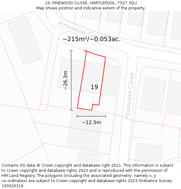 19, PINEWOOD CLOSE, HARTLEPOOL, TS27 3QU: Plot and title map