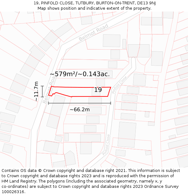 19, PINFOLD CLOSE, TUTBURY, BURTON-ON-TRENT, DE13 9NJ: Plot and title map