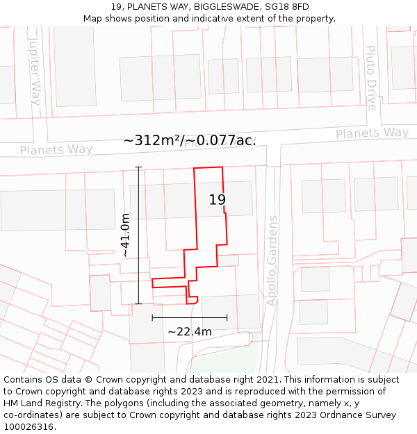 19, PLANETS WAY, BIGGLESWADE, SG18 8FD: Plot and title map