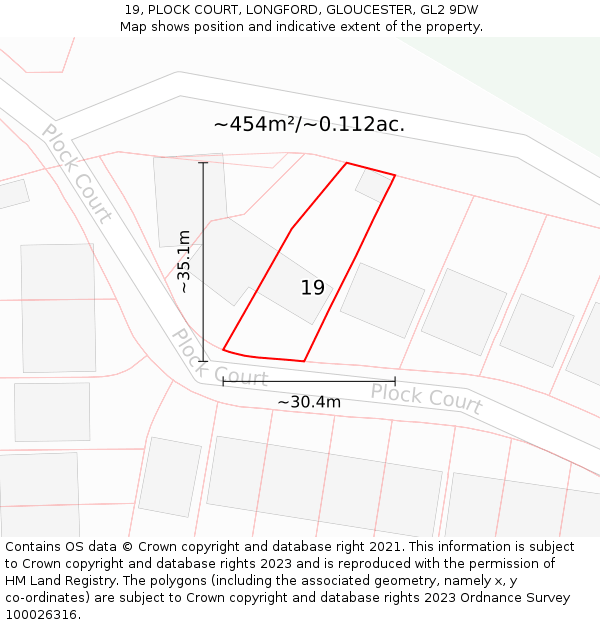 19, PLOCK COURT, LONGFORD, GLOUCESTER, GL2 9DW: Plot and title map