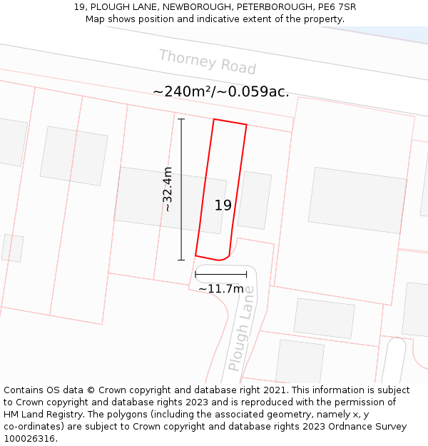 19, PLOUGH LANE, NEWBOROUGH, PETERBOROUGH, PE6 7SR: Plot and title map
