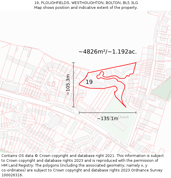 19, PLOUGHFIELDS, WESTHOUGHTON, BOLTON, BL5 3LG: Plot and title map