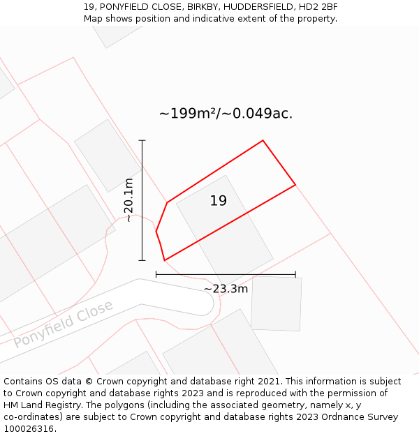 19, PONYFIELD CLOSE, BIRKBY, HUDDERSFIELD, HD2 2BF: Plot and title map