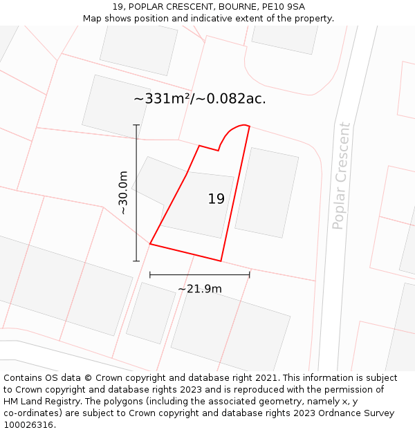 19, POPLAR CRESCENT, BOURNE, PE10 9SA: Plot and title map