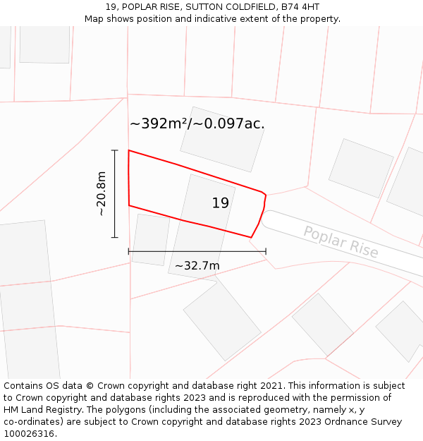 19, POPLAR RISE, SUTTON COLDFIELD, B74 4HT: Plot and title map